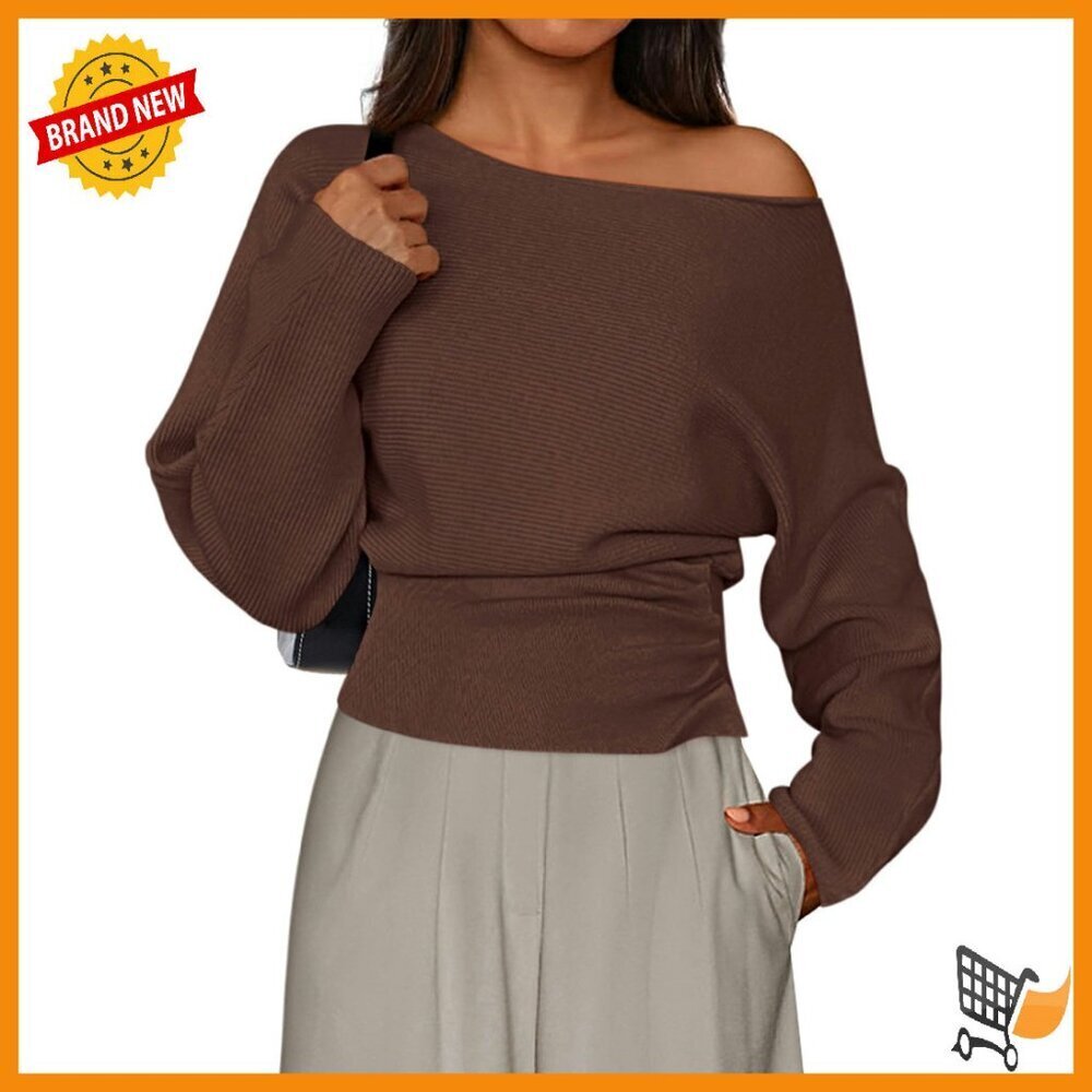 Off Shoulder Batwing Sleeve Ribbed Knit Pullover Sweater Women's Fall Winter